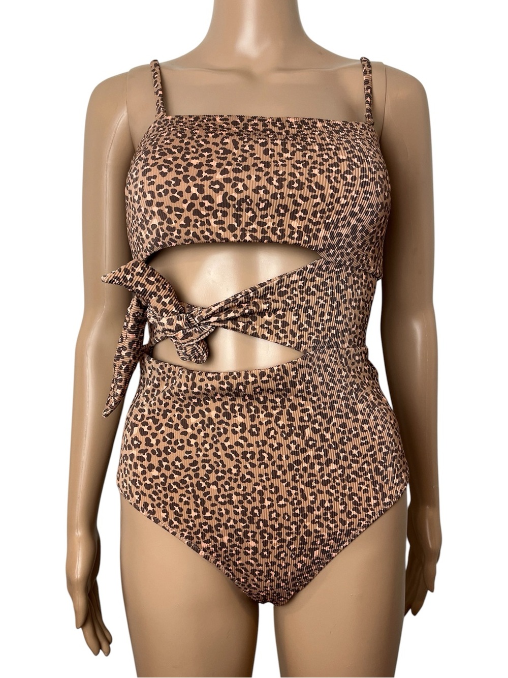Aerie Ribbed Cheetah-Print Cut Out Full Coverage Padded One Piece Bathing Suit